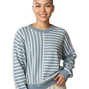 Magaschoni Casual Striped Batwing Sleeve Round Neck Sweater XL Blue and White